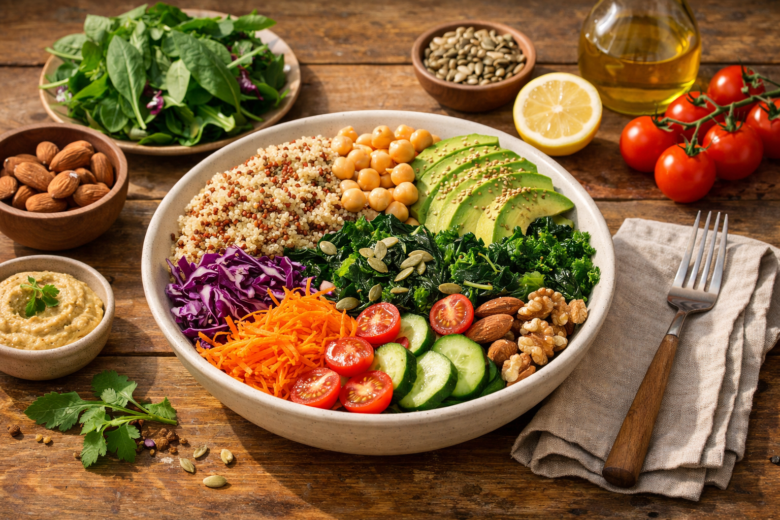 Colorful healthy meal with whole grains, leafy greens, nuts, and fresh vegetables on a wooden table, natural daylight, warm and inviting atmosphere
