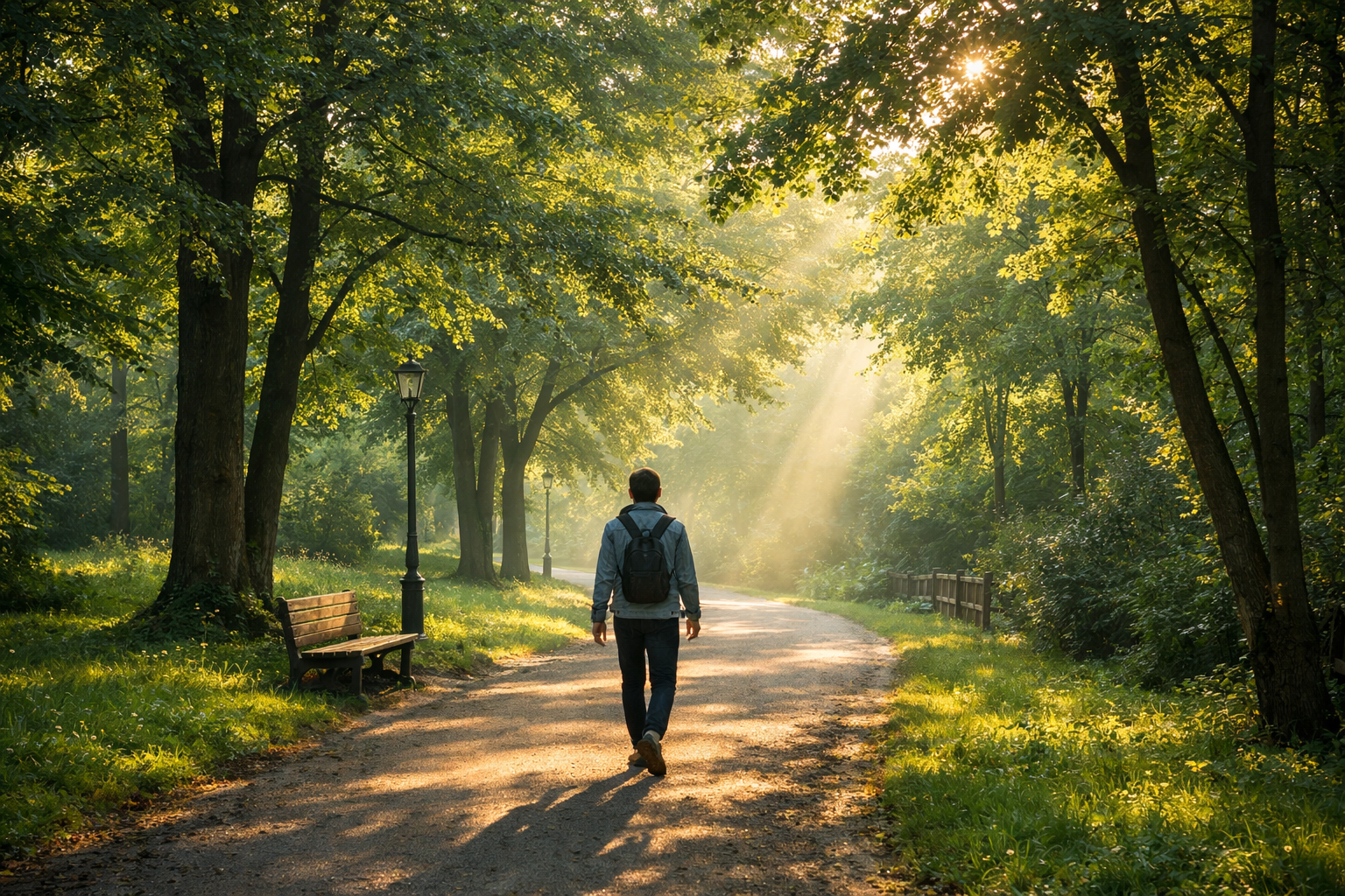 Person walking on a peaceful park path surrounded by green trees, morning sunlight, serene and refreshing atmosphere